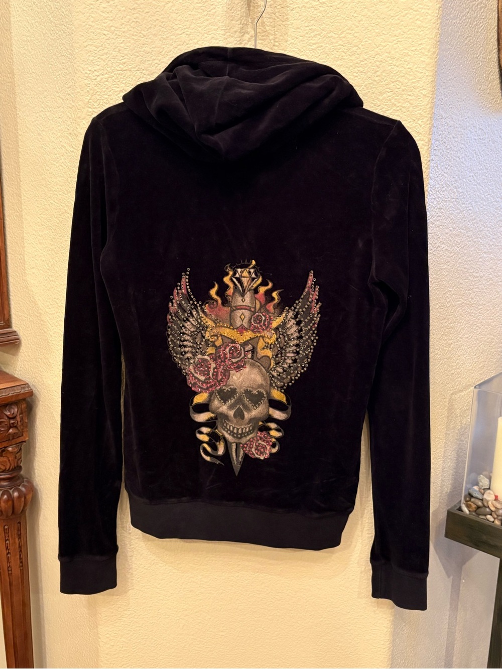 Vtg Ankh Black Hooded Velour Skull & Rose Rhinestone Zip Y2K Grunge Jacket-Med